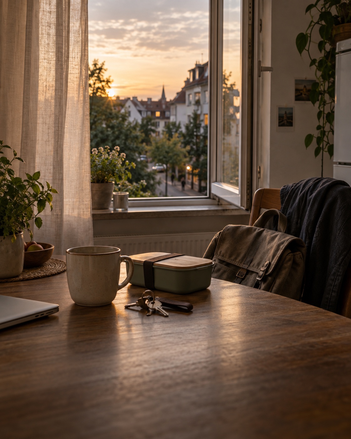 Symbolbild aus der eigenen Perspektive: Arbeitstasche und Schlüssel sind abgelegt, der Blick geht zum offenen Fenster im Abendlicht